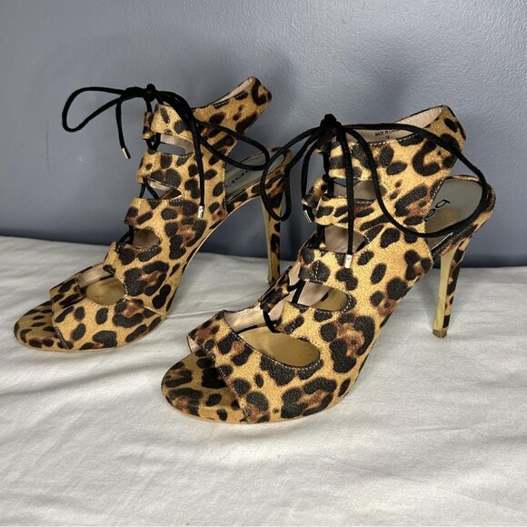 Bebe Shoes Womens Size 10 Leopard Print High Heel Sandals Lace Up Open Toe - Picture 9 of 14